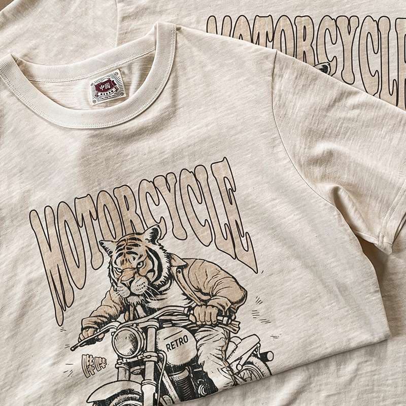 アメカジ オートバイ乗りトラのレトロデザインTシャツ