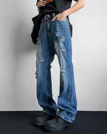 アメカジ メンズ ダメージ加工デニムパンツ ゆったりストレート