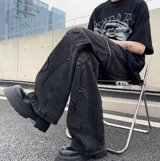 アメカジ デニム ワイドパンツ ダメージ加工 ヴィンテージ風ジーンズ