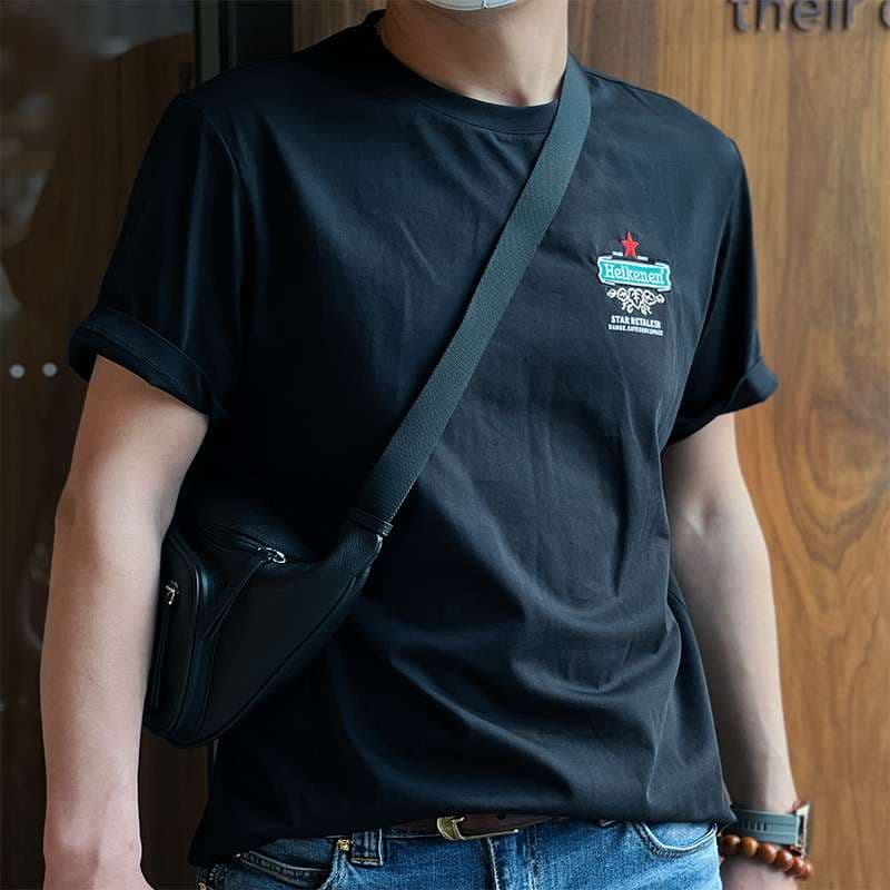 アメカジ ビール風ロゴプリント半袖Tシャツ