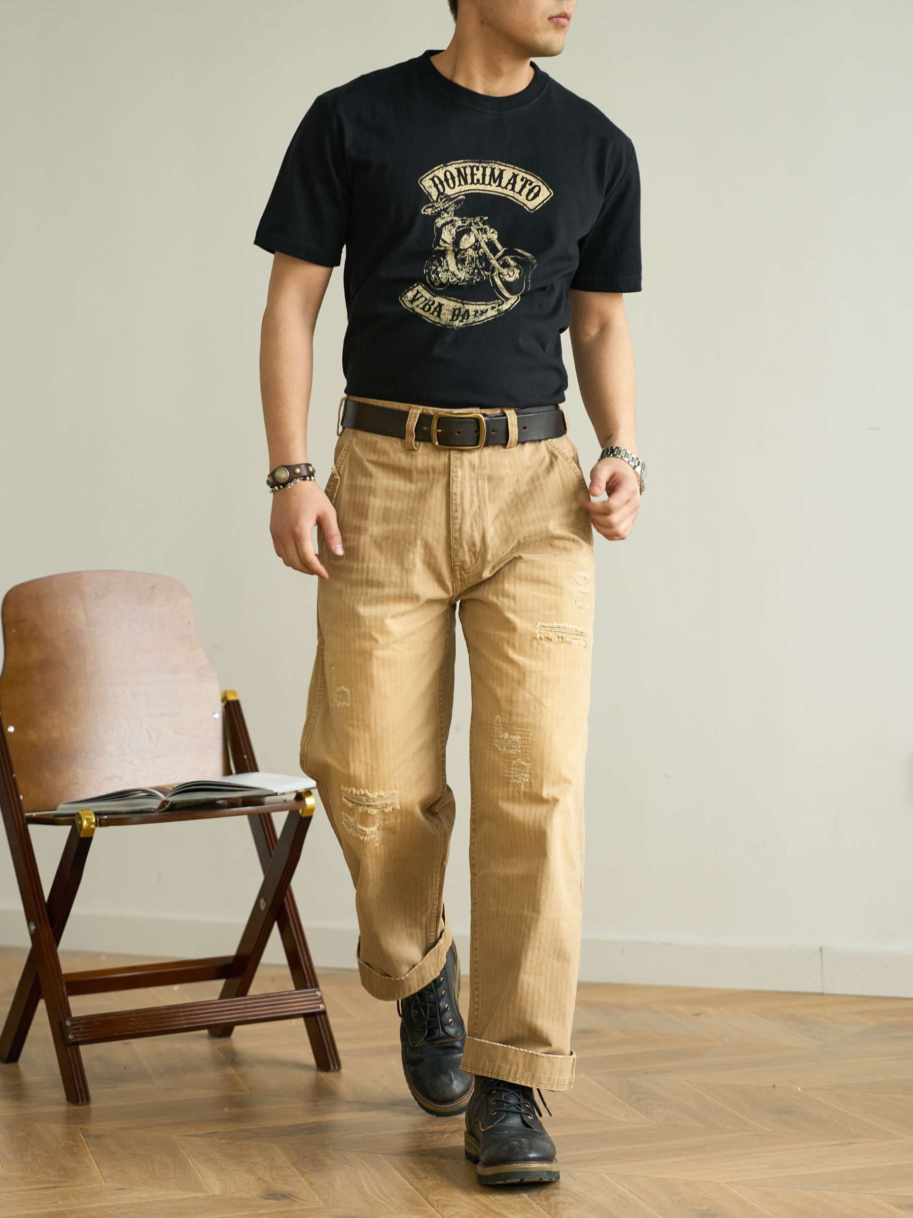 アメカジ バイカーロゴプリント半袖Tシャツ