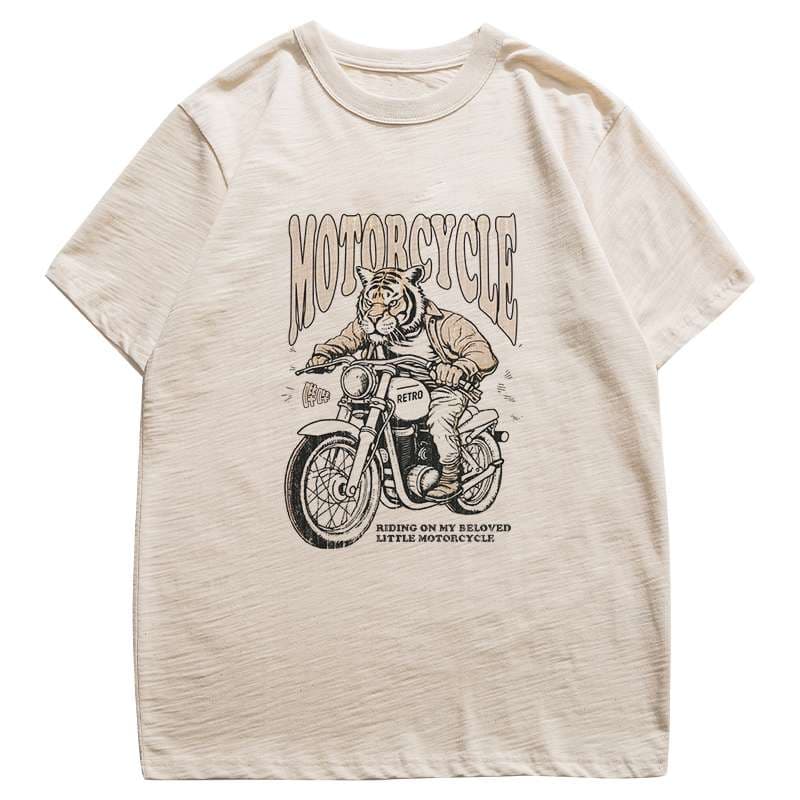 アメカジ オートバイ乗りトラのレトロデザインTシャツ