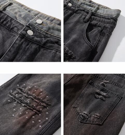 アメカジ デニム ワイドパンツ ダメージ加工 ヴィンテージ風