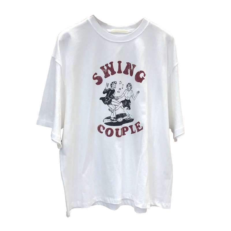 アメカジ スイングカップルプリントレトロTシャツ