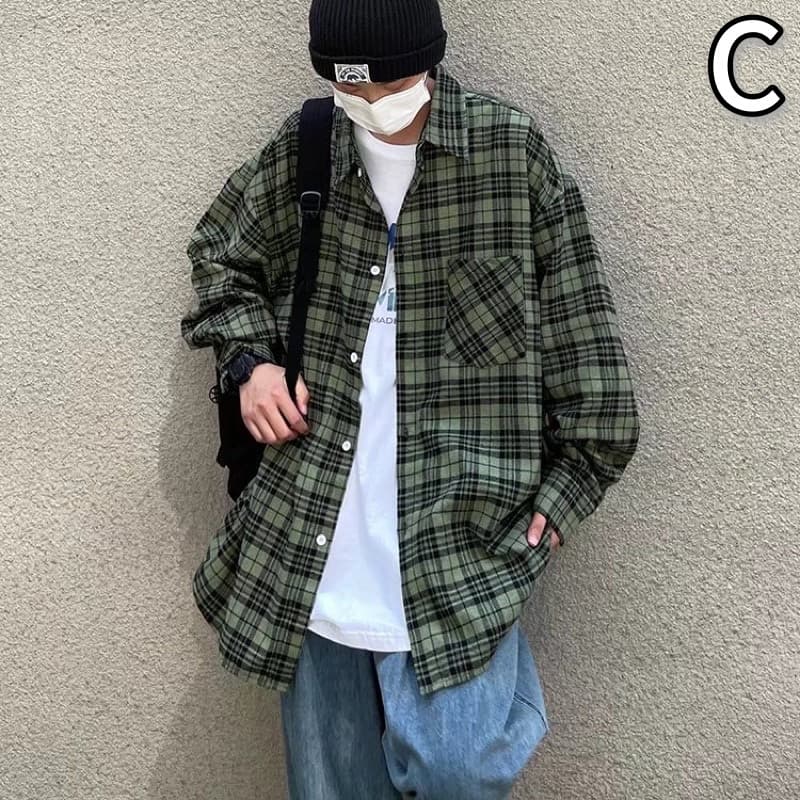 アメカジ ネイビーチェック柄長袖シャツ メンズカジュアル
