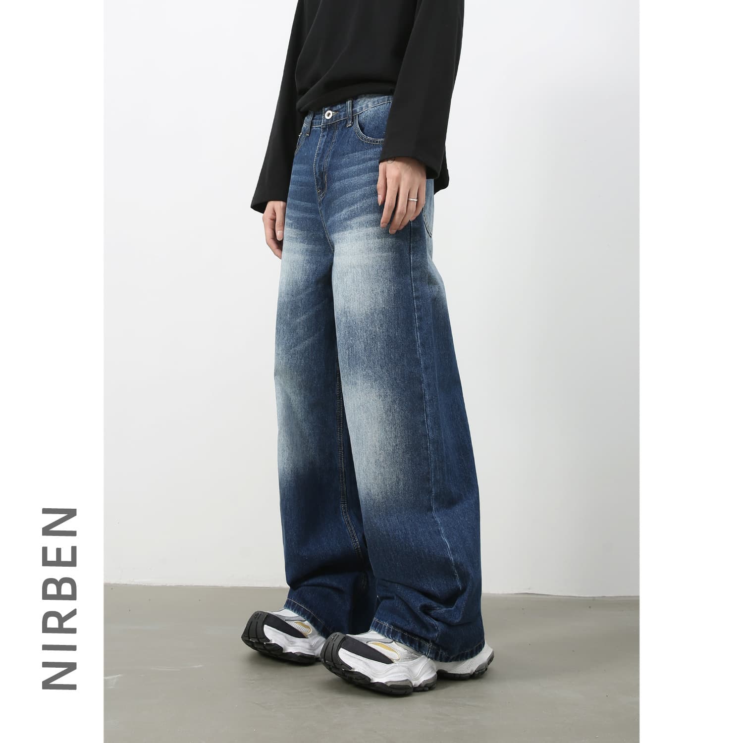 アメカジ ゆったりシルエット加工ワイドストレートデニムパンツ