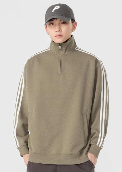 アメカジ メンズハイネックトレーナー袖ライン入りカジュアルスウェット