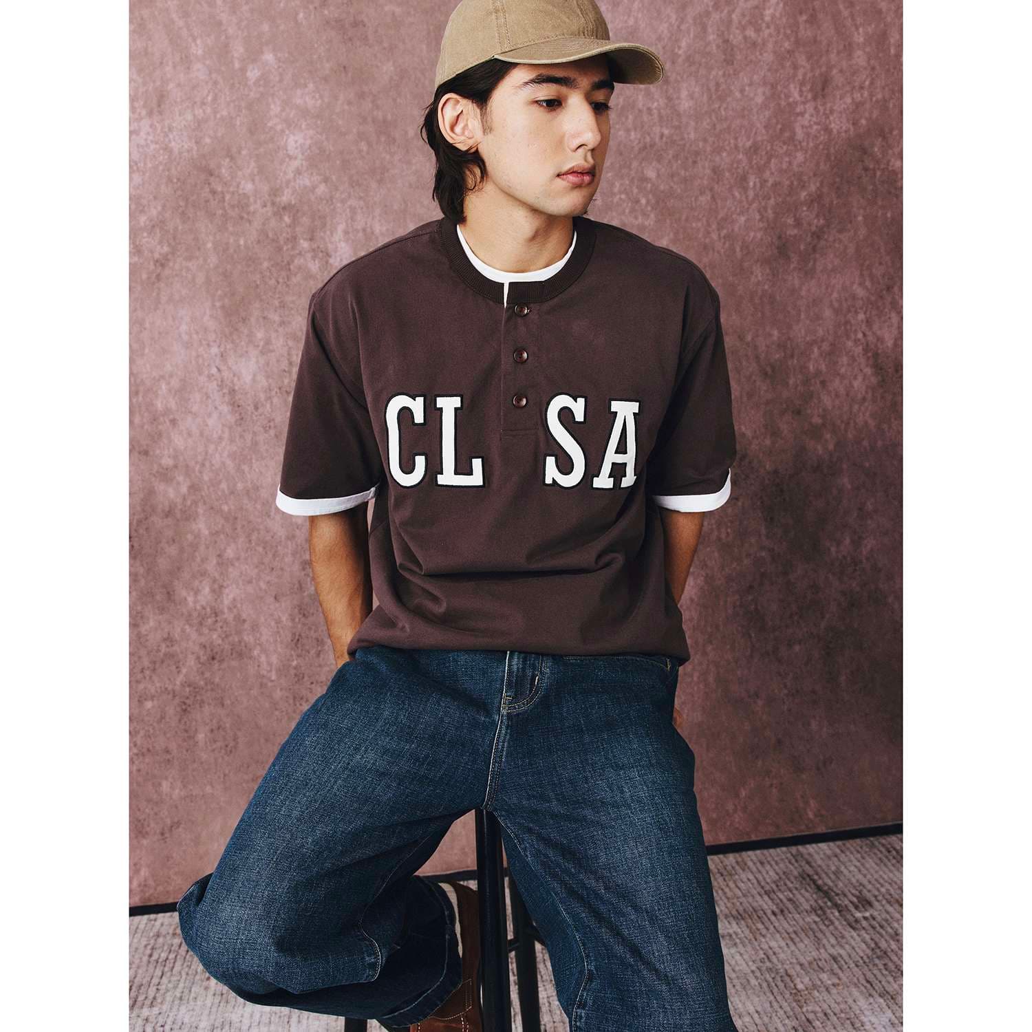 アメカジ ヘンリーネック ロゴプリント スポーツTシャツ