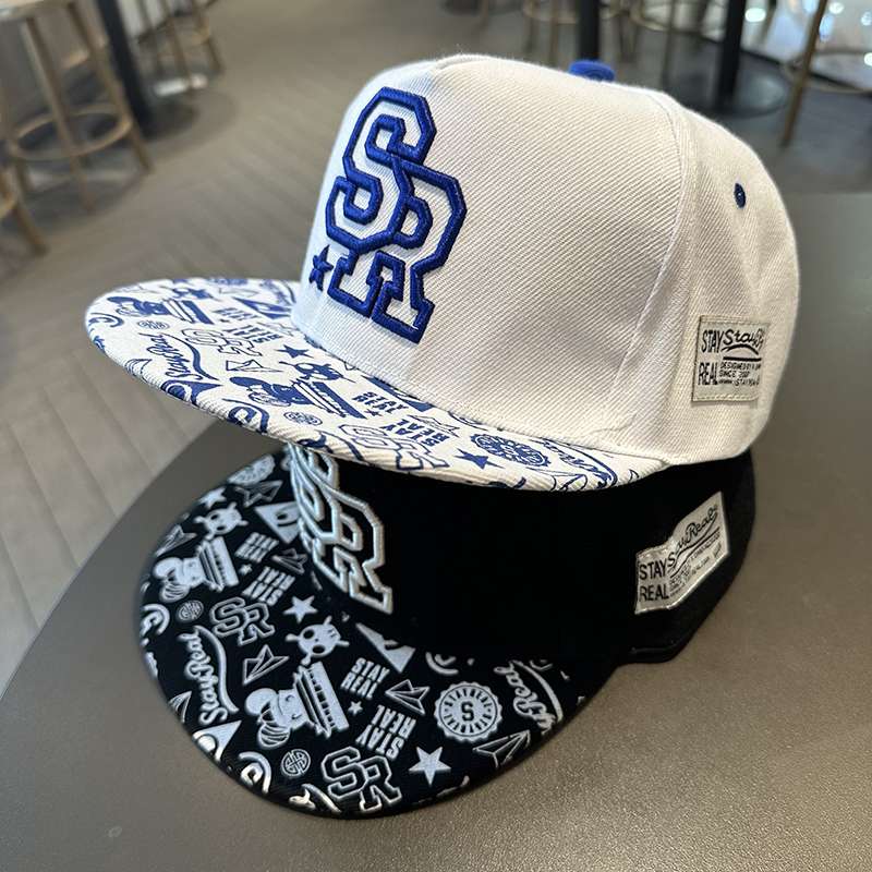 アメカジ ストリート系ロゴ刺繍フラットバイザーキャップ