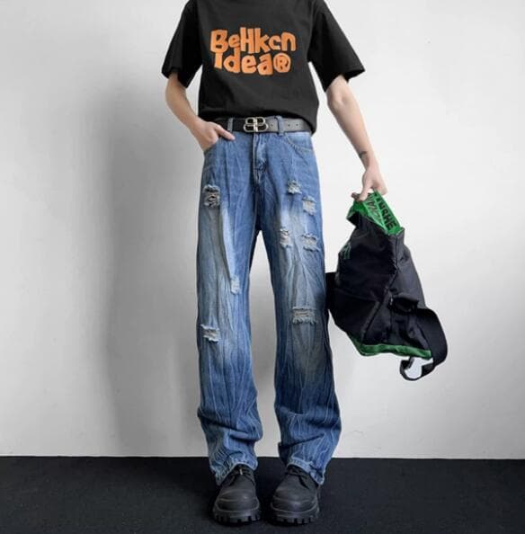 アメカジ メンズ ダメージ加工デニムパンツ ゆったりストレート