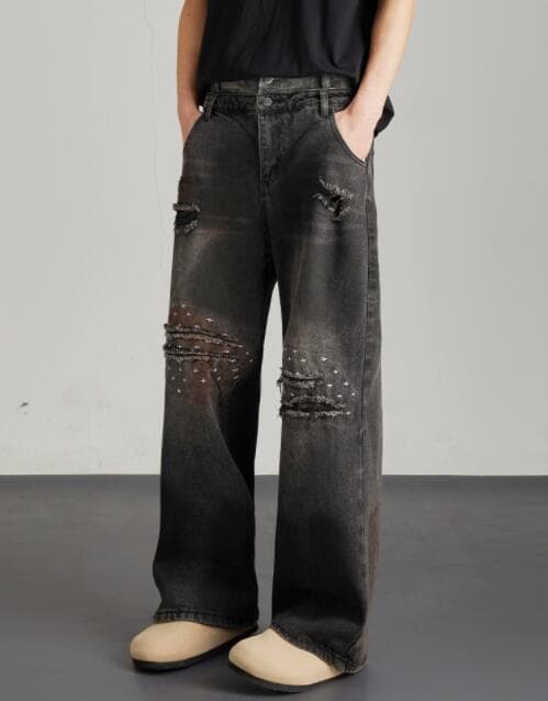 アメカジ デニム ワイドパンツ ダメージ加工 ヴィンテージ風