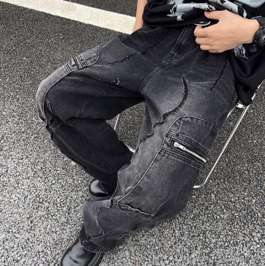 アメカジ デニム ワイドパンツ ダメージ加工 ヴィンテージ風ジーンズ