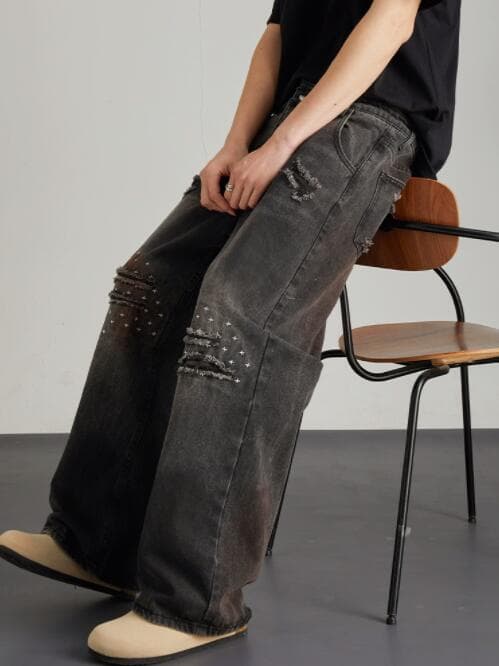 アメカジ デニム ワイドパンツ ダメージ加工 ヴィンテージ風