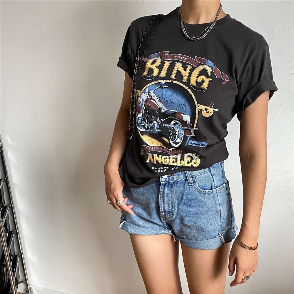 アメカジ ヴィンテージ風バイク柄グラフィックTシャツ