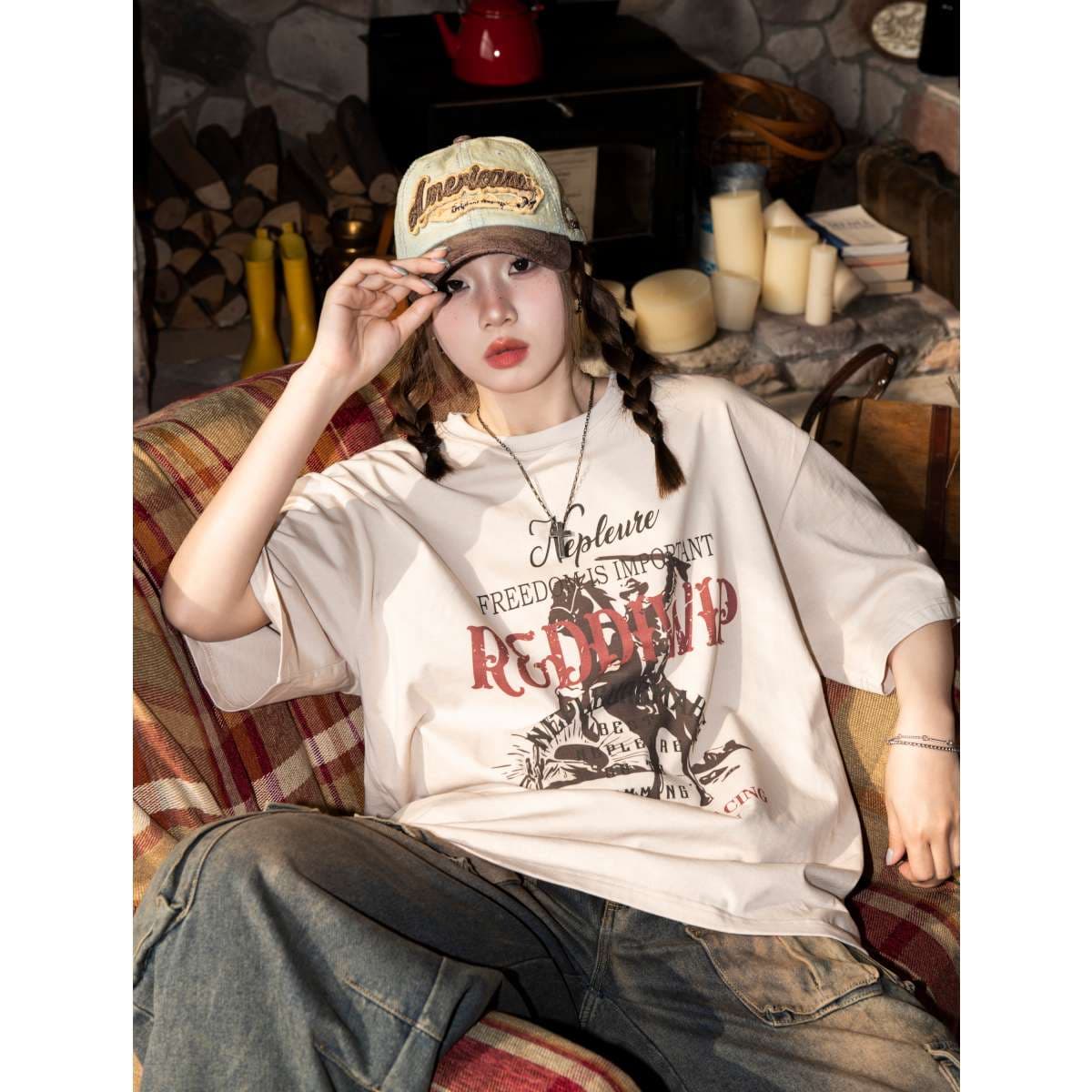 アメカジ レトロ競馬プリントオーバーサイズTシャツ
