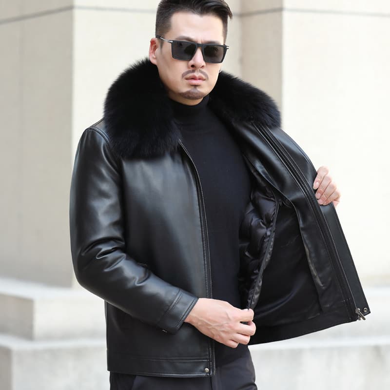 アメカジ 本革ファー襟付き中綿入りレザージャケット