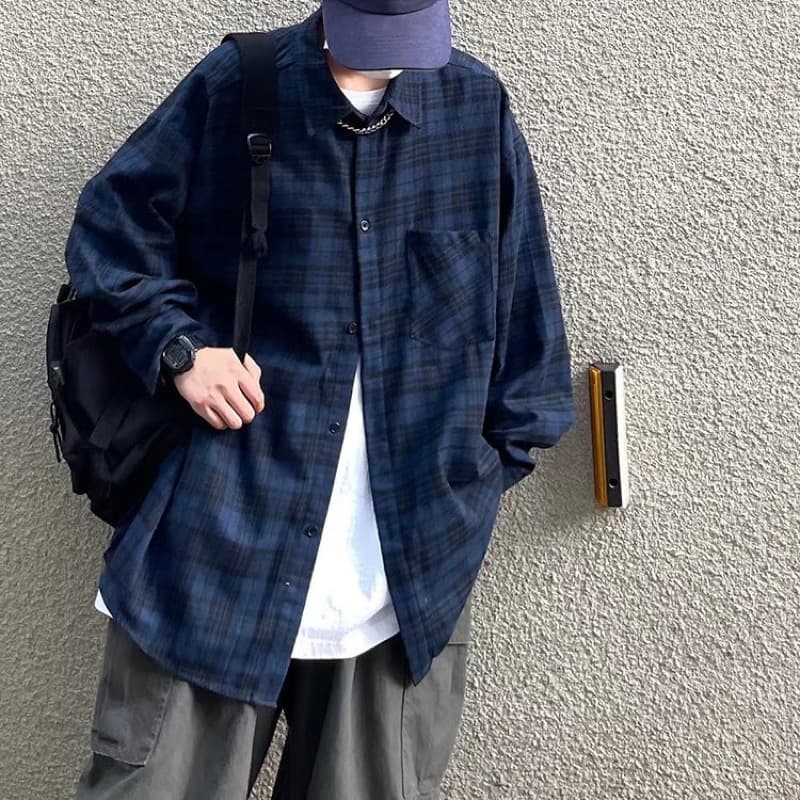 アメカジ ネイビーチェック柄長袖シャツ メンズカジュアル