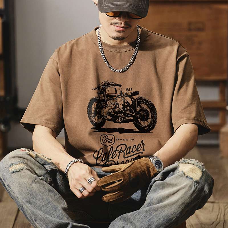 アメカジ カフェレーサーバイク プリント Tシャツ