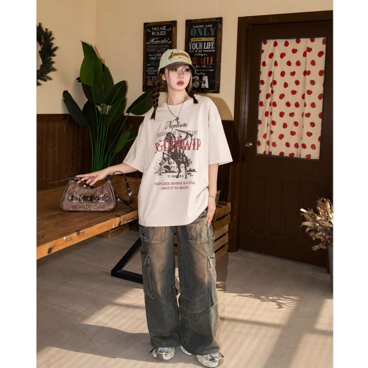 アメカジ レトロ競馬プリントオーバーサイズTシャツ