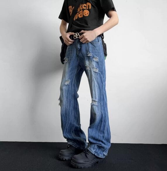アメカジ メンズ ダメージ加工デニムパンツ ゆったりストレート