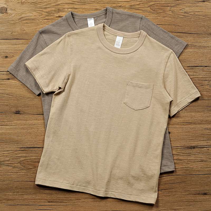 アメカジ シンプル無地ポケット付きクルーネックTシャツ