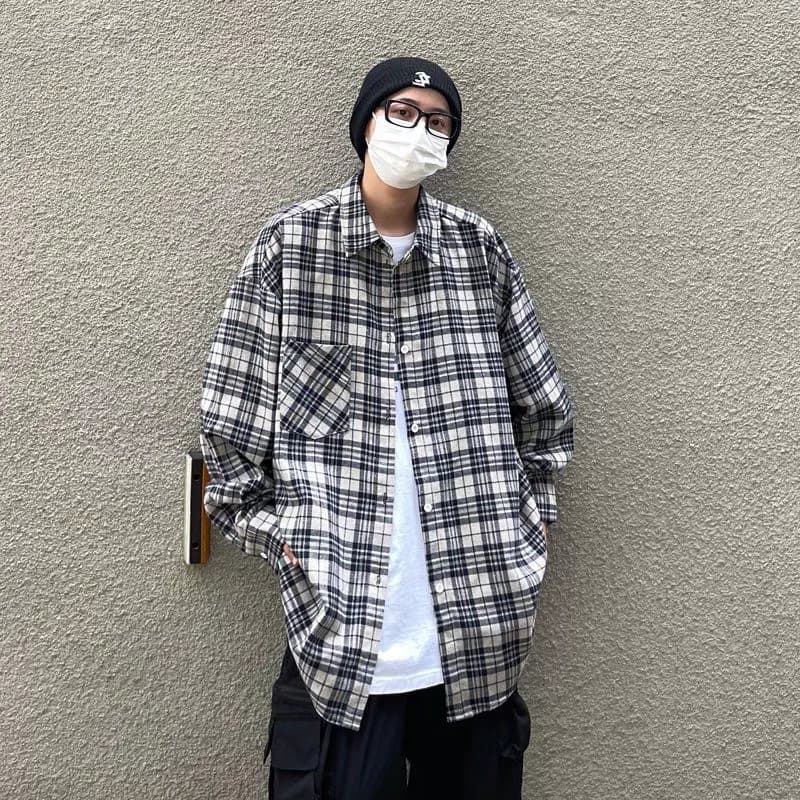 アメカジ ネイビーチェック柄長袖シャツ メンズカジュアル