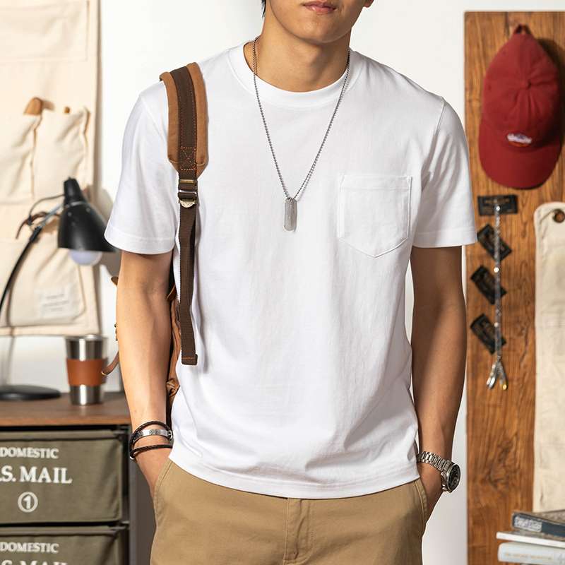アメカジ シンプルポケット付きクルーネックTシャツ