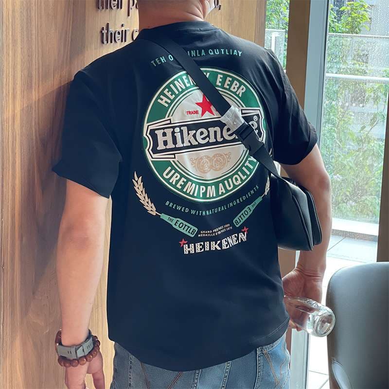 アメカジ ビール風ロゴプリント半袖Tシャツ