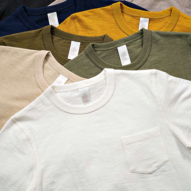 アメカジ シンプル無地ポケット付きクルーネックTシャツ