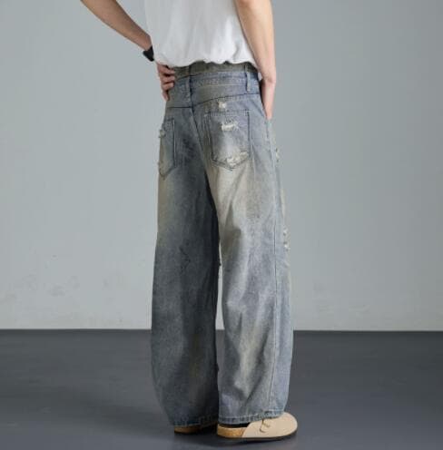 アメカジ デニム ワイドパンツ ダメージ加工 ヴィンテージ風