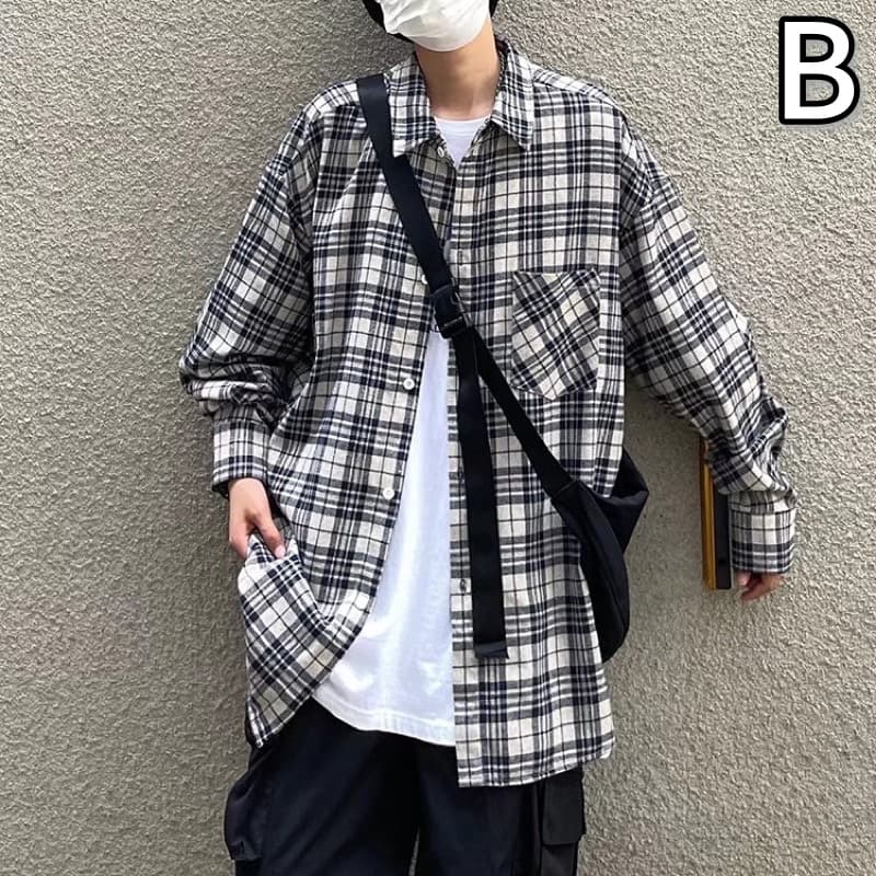 アメカジ ネイビーチェック柄長袖シャツ メンズカジュアル