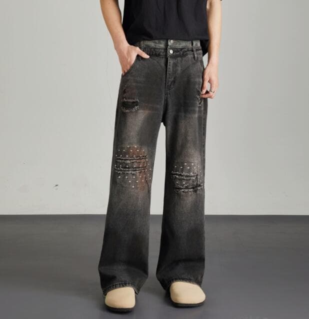アメカジ デニム ワイドパンツ ダメージ加工 ヴィンテージ風