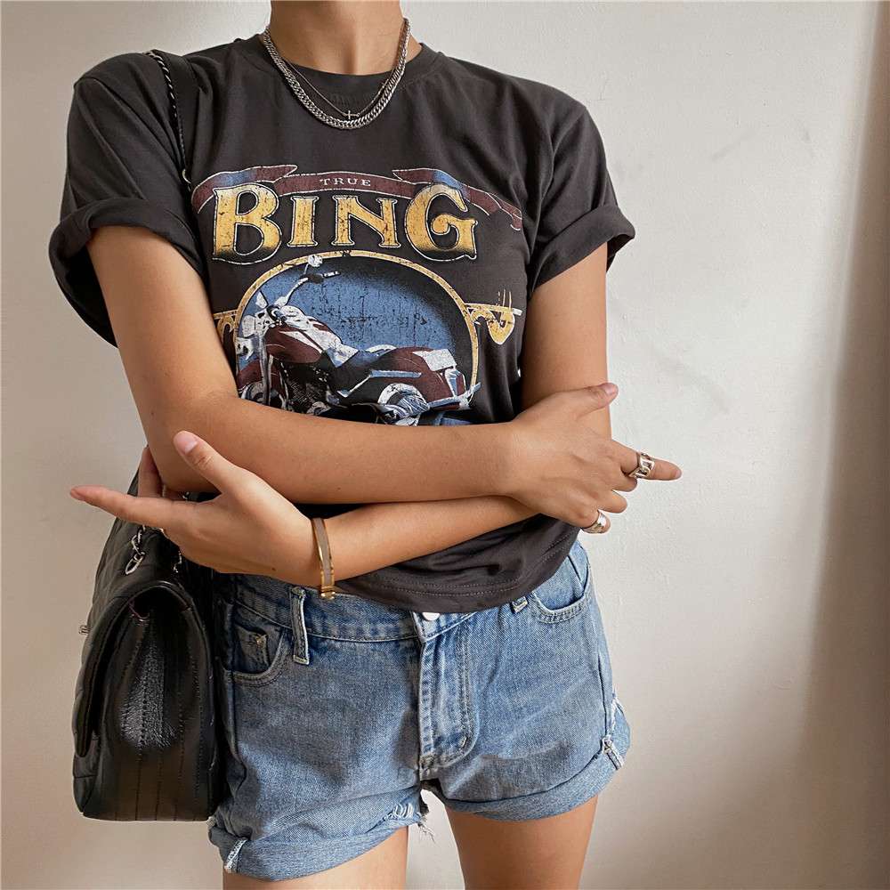 アメカジ ヴィンテージ風バイク柄グラフィックTシャツ