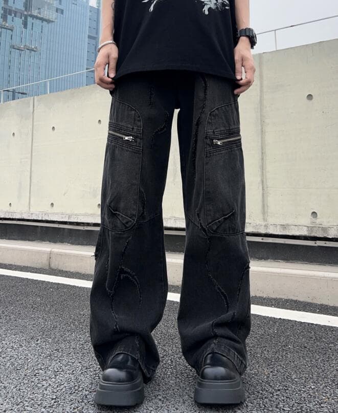 アメカジ デニム ワイドパンツ ダメージ加工 ヴィンテージ風ジーンズ