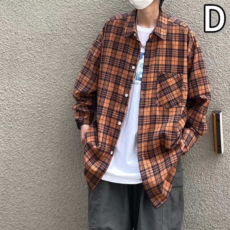 アメカジ ネイビーチェック柄長袖シャツ メンズカジュアル