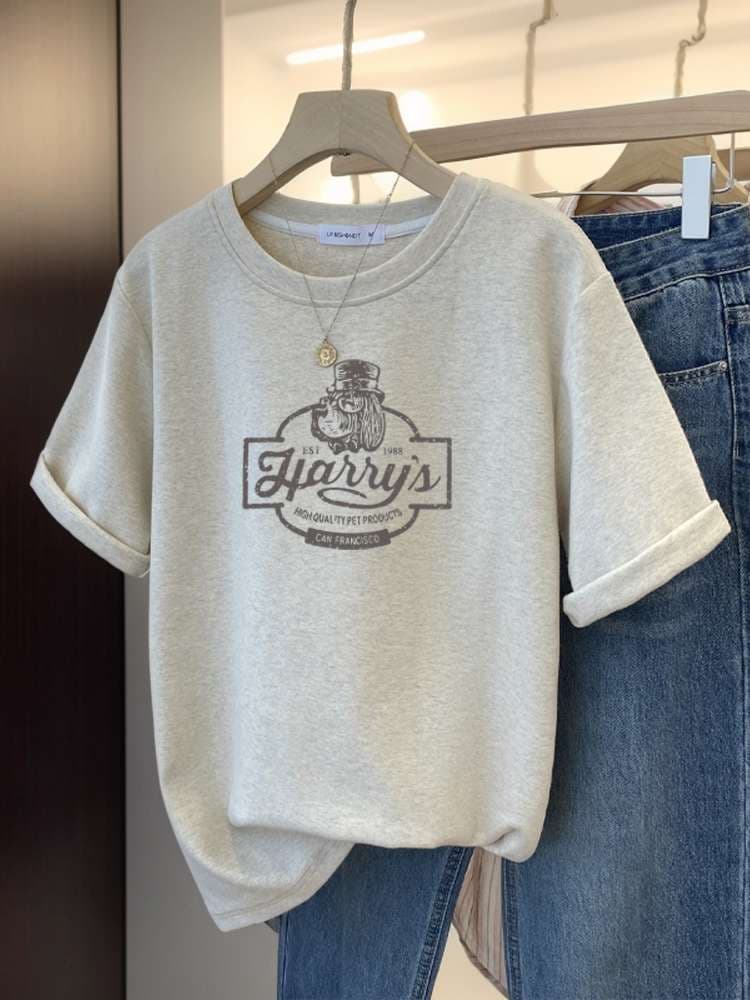 アメカジ レトロなカフェロゴプリント半袖Tシャツ