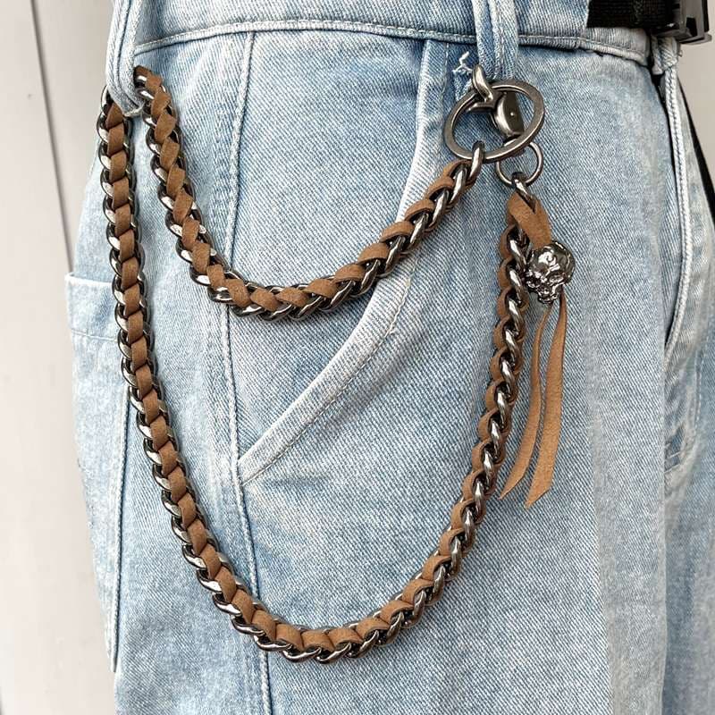 アメカジ レザー編み込みスカルチャームウォレットチェーン