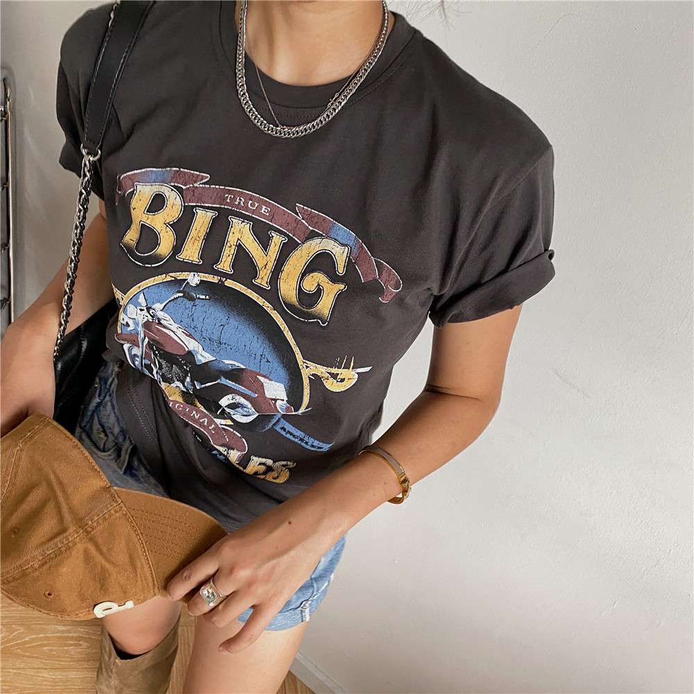 アメカジ ヴィンテージ風バイク柄グラフィックTシャツ