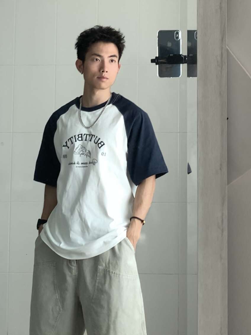 アメカジ レトロ風カレッジプリント ラグランTシャツ