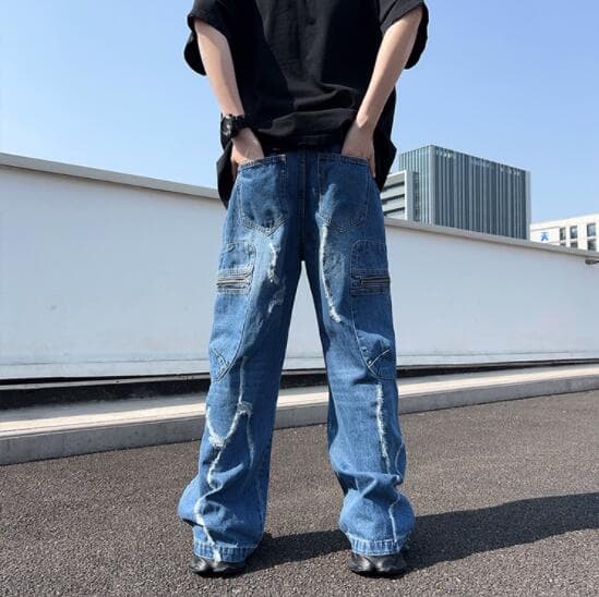 アメカジ デニム ワイドパンツ ダメージ加工 ヴィンテージ風ジーンズ