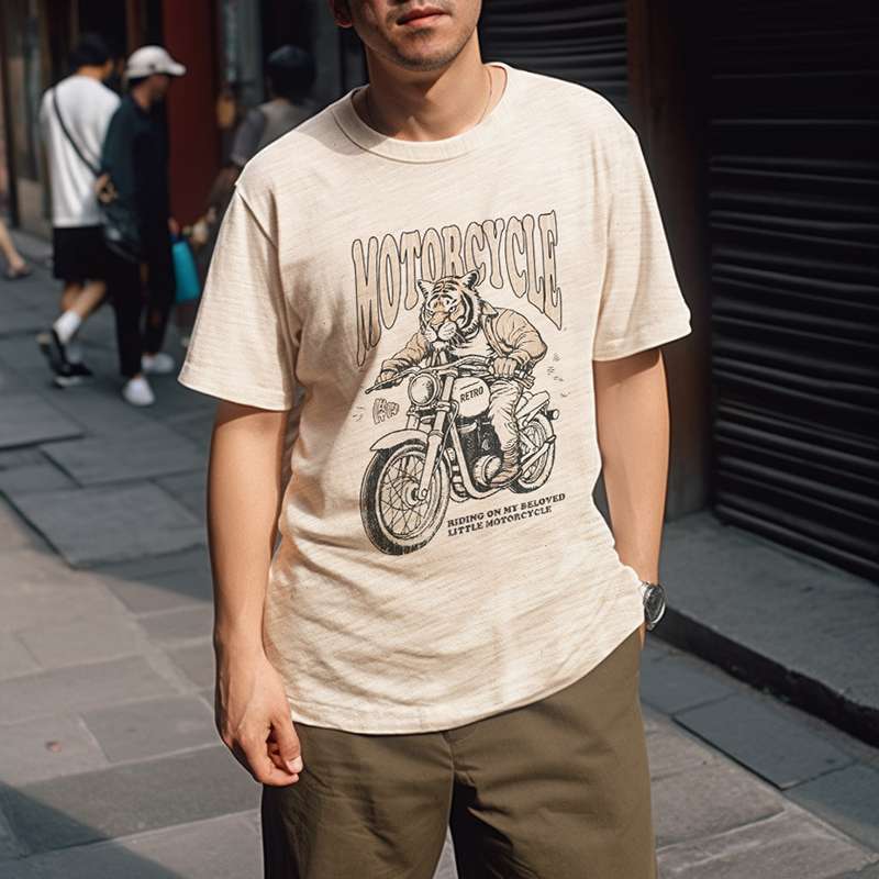 アメカジ オートバイ乗りトラのレトロデザインTシャツ
