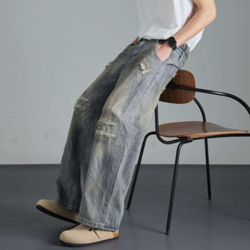 アメカジ デニム ワイドパンツ ダメージ加工 ヴィンテージ風