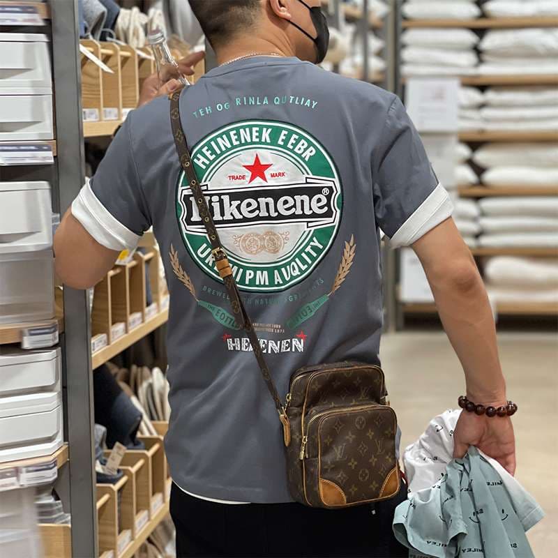 アメカジ ビール風ロゴプリント半袖Tシャツ