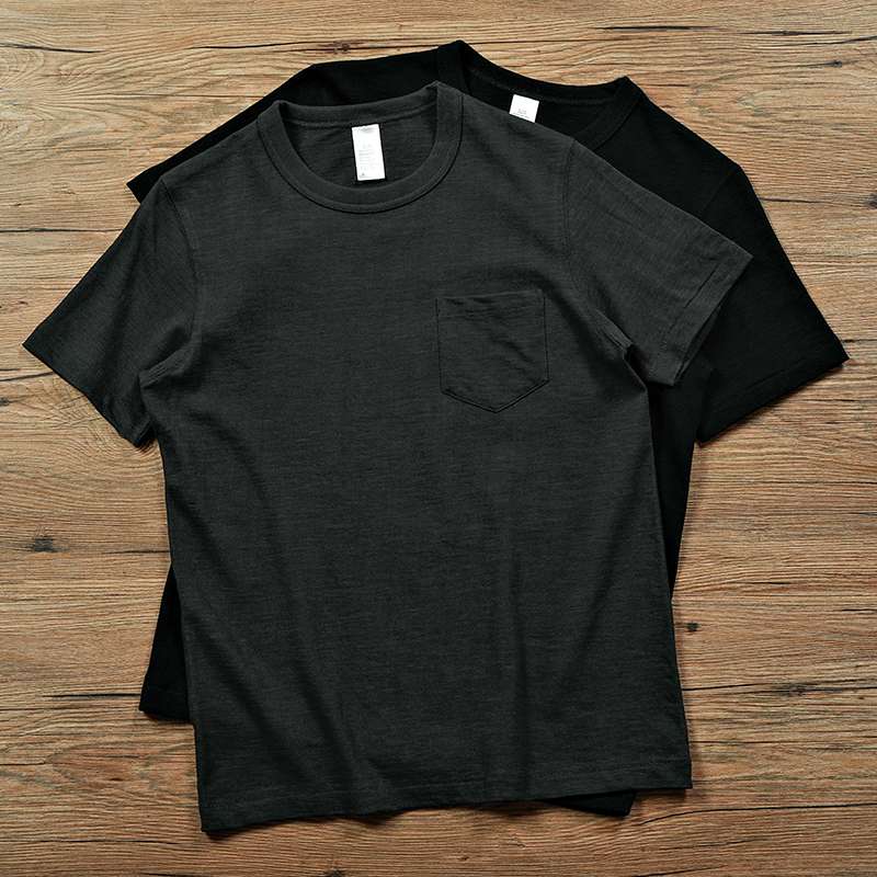 アメカジ シンプル無地ポケット付きクルーネックTシャツ