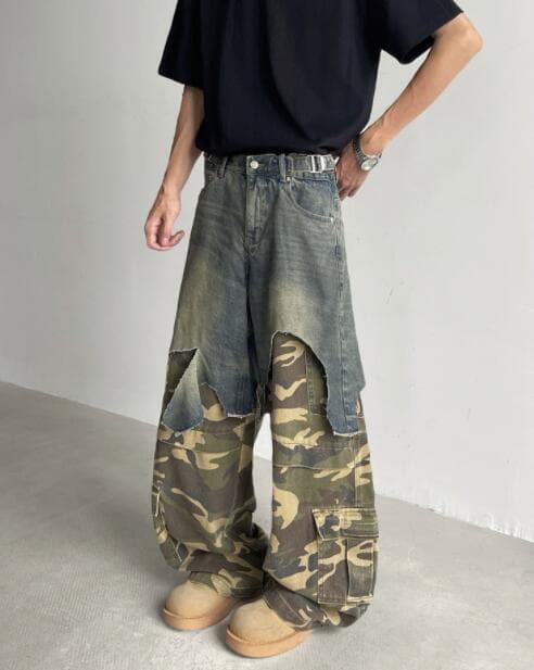 アメカジ 迷彩切り替えデニムカーゴパンツ 男性用重ね着風