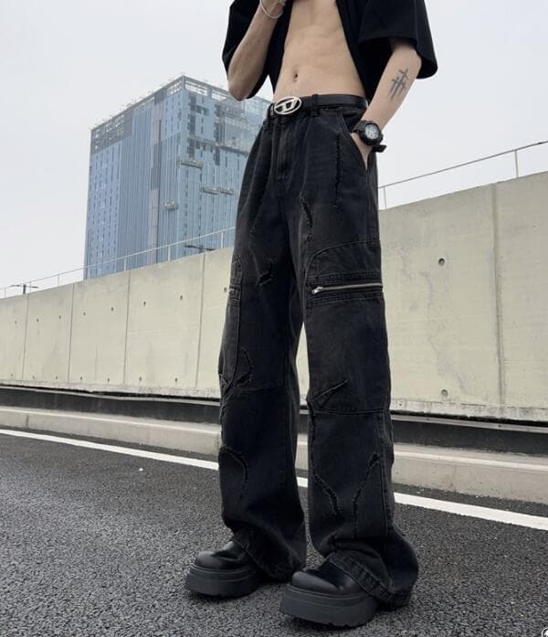 アメカジ デニム ワイドパンツ ダメージ加工 ヴィンテージ風ジーンズ