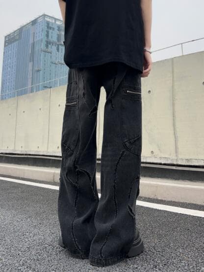 アメカジ デニム ワイドパンツ ダメージ加工 ヴィンテージ風ジーンズ