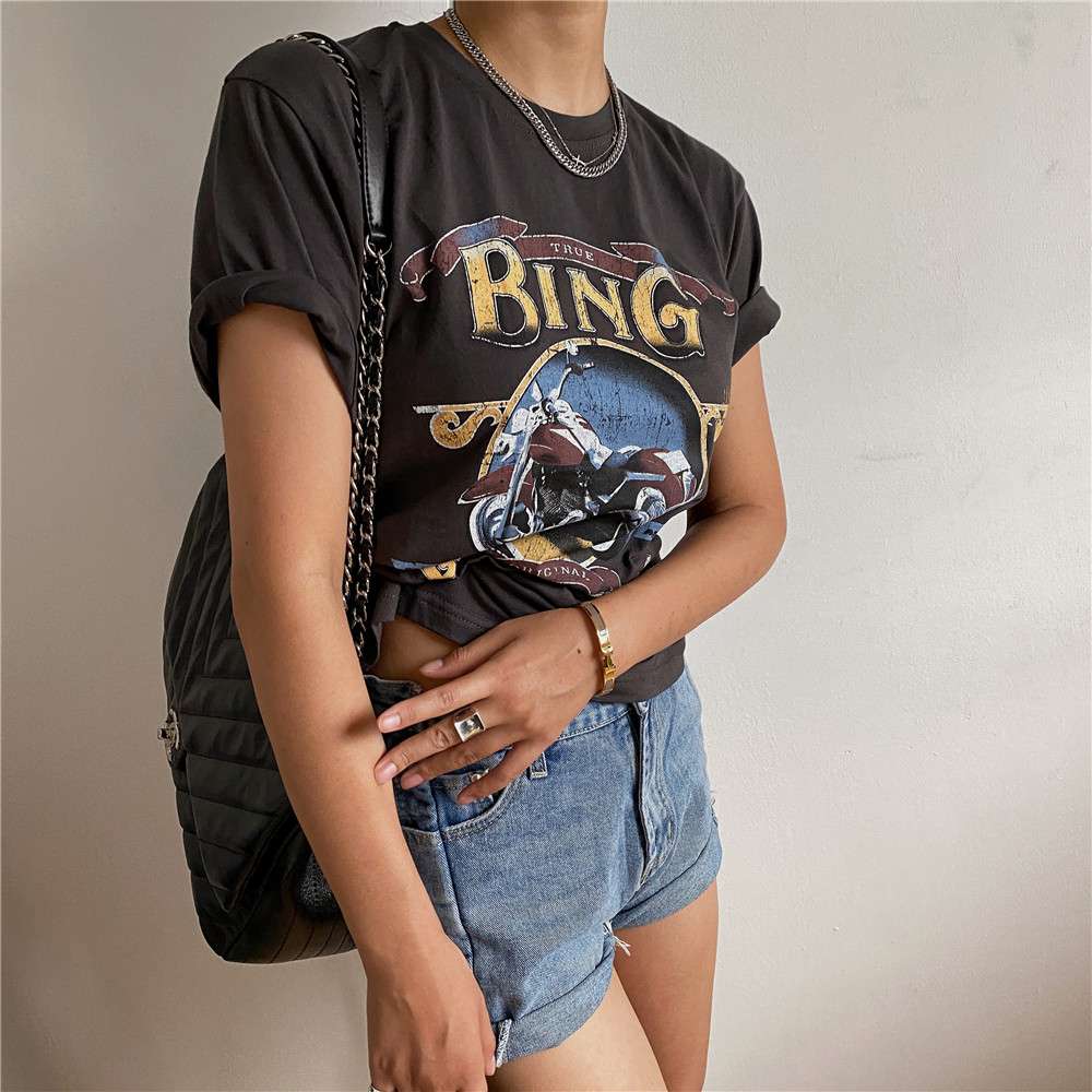 アメカジ ヴィンテージ風バイク柄グラフィックTシャツ