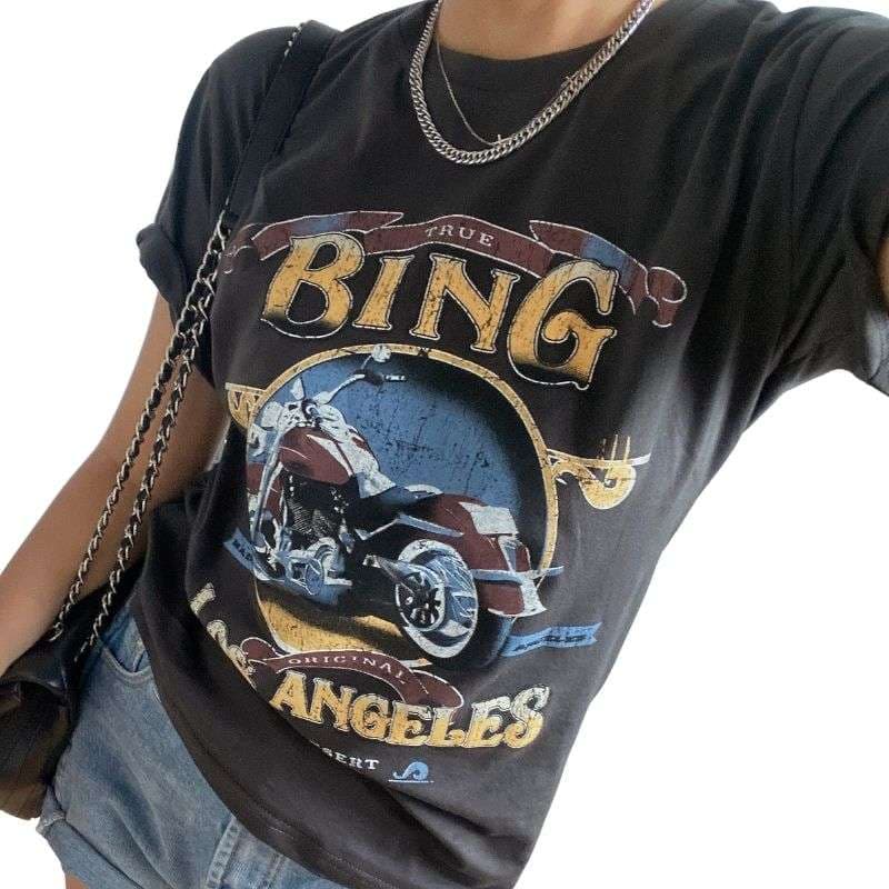 アメカジ ヴィンテージ風バイク柄グラフィックTシャツ
