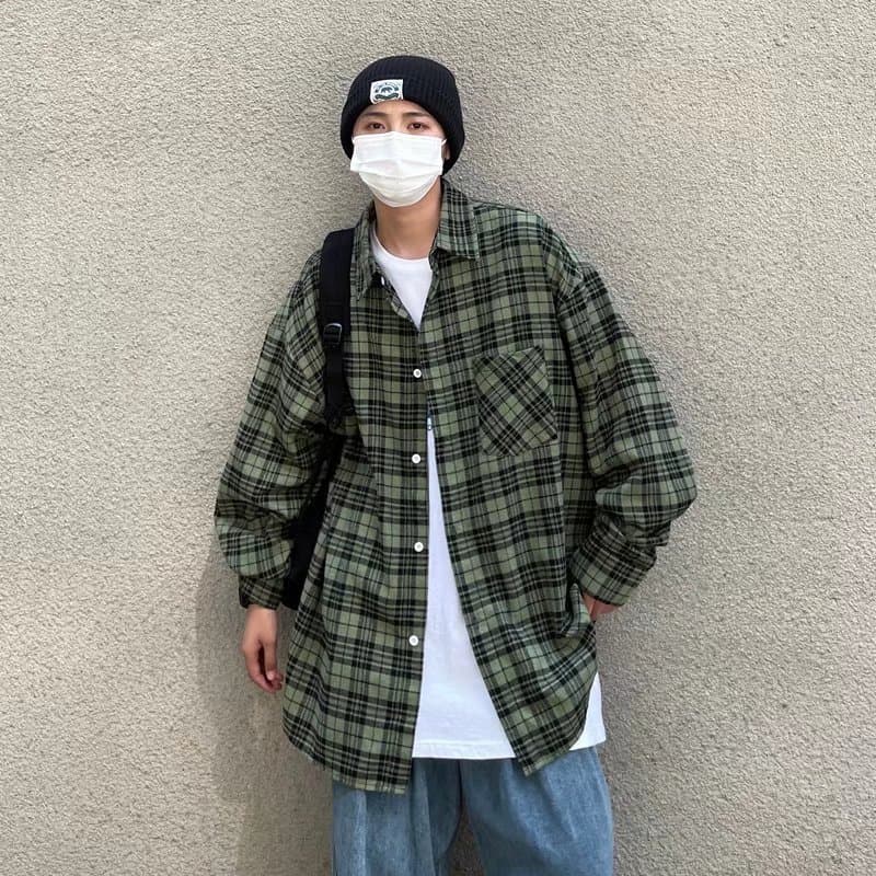 アメカジ ネイビーチェック柄長袖シャツ メンズカジュアル